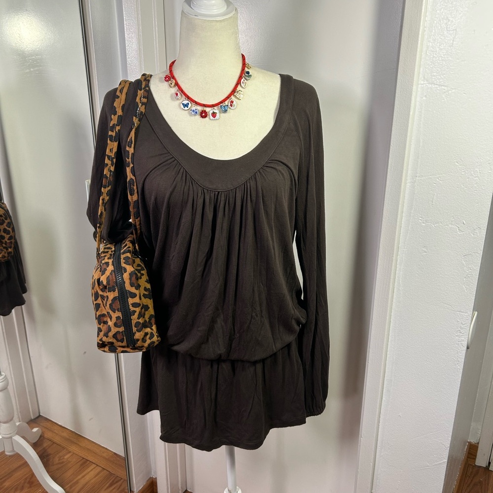 Juicy Couture Dark Brown Long-Sleeve Gathered V-Neck Tunic Mini Dress